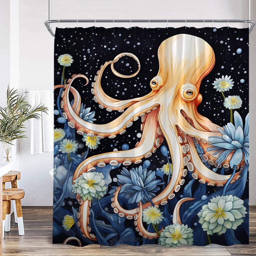 Octopus Nautical Shower Curtain Ocean Animal Wave Marine Life Map Vintage Bathroom Decor Sea Kid Child Bath Curtain With Hook