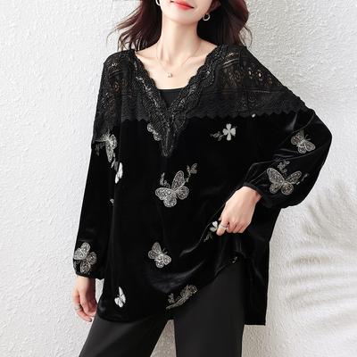 Women's Plus Size V-neck Lace Hollow Velvet Top Autumn Loose Fit Bead Sequins