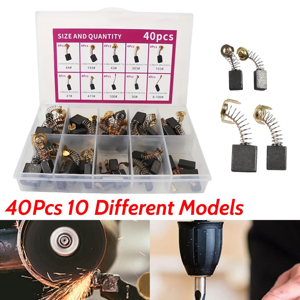 40Pcs Electric Motor Carbon Brushes 10 Different Sizes for Replacement Repair Power Tool Part