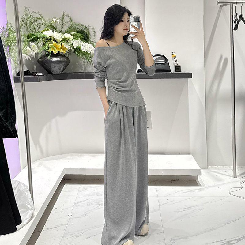 

2026 Autumn High Cotton Fashion: Off-Shoulder Top & Loose Wide-Leg Pants Women s Two-Piece Set XL (115-130 lbs)