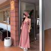 Summer Seaside Vacation Style Red Plaid Dress Women's Gentle and Sweet Backless Suspender Skirt Temperament Waist Long Dress