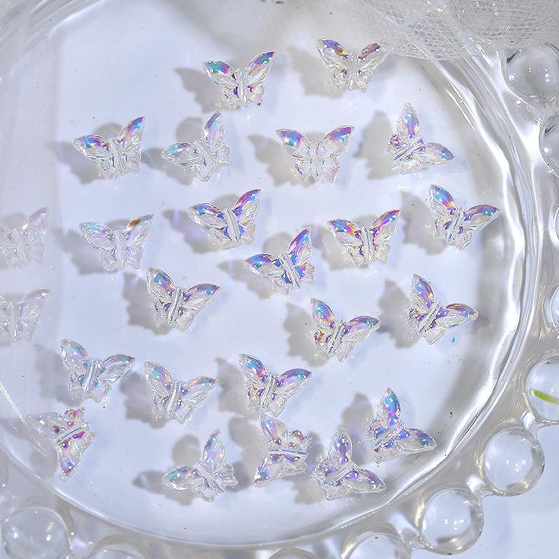 100pcs Iridescent Japanese Aurora Butterfly Nail Art Charms Resin Rhinestones Accessories