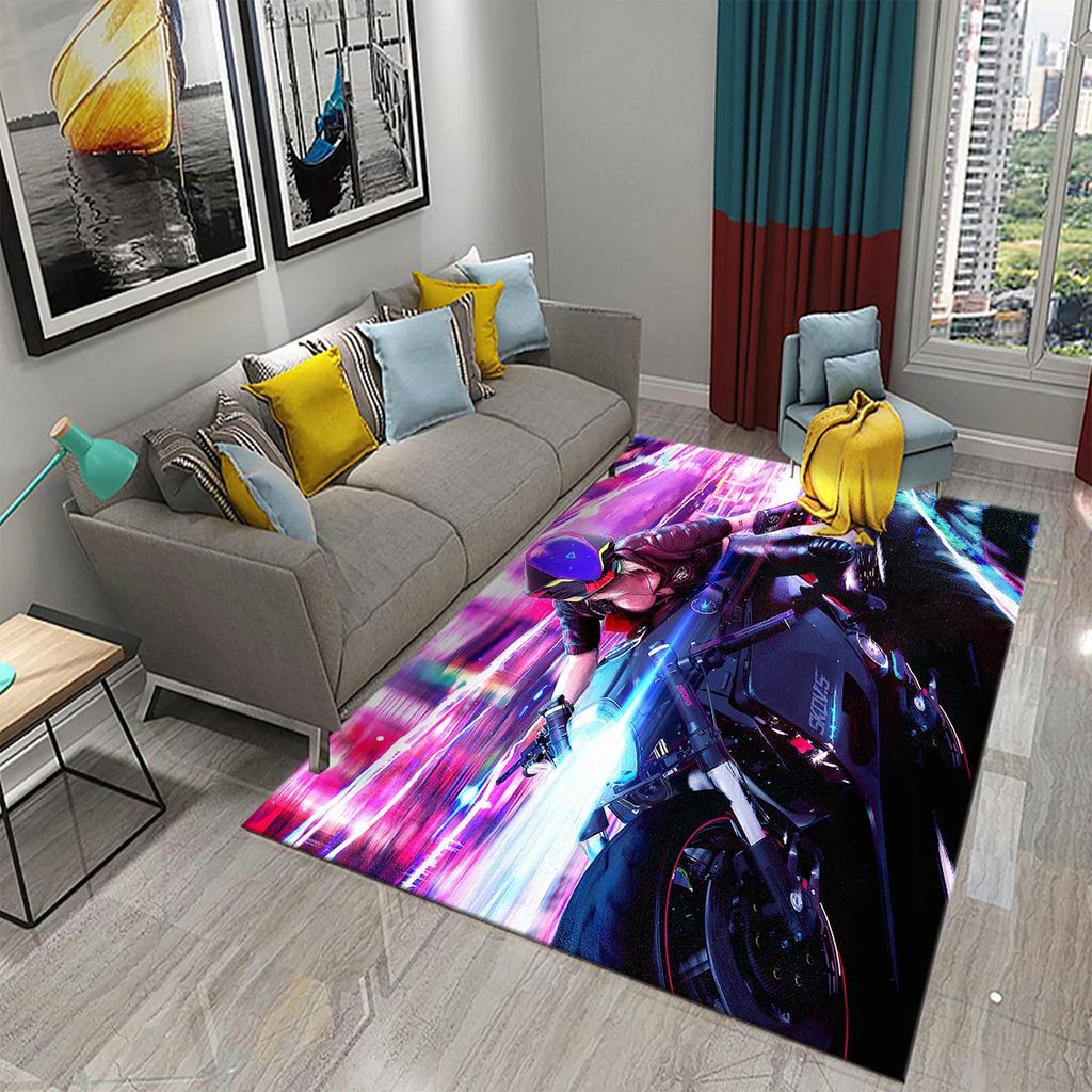 3D Vintage Cool Classic Motorcycle Carpet Oil Painting Art Carpet Home Bedroom Living Room Decorations Rug Bathroom Non-Slip Mat