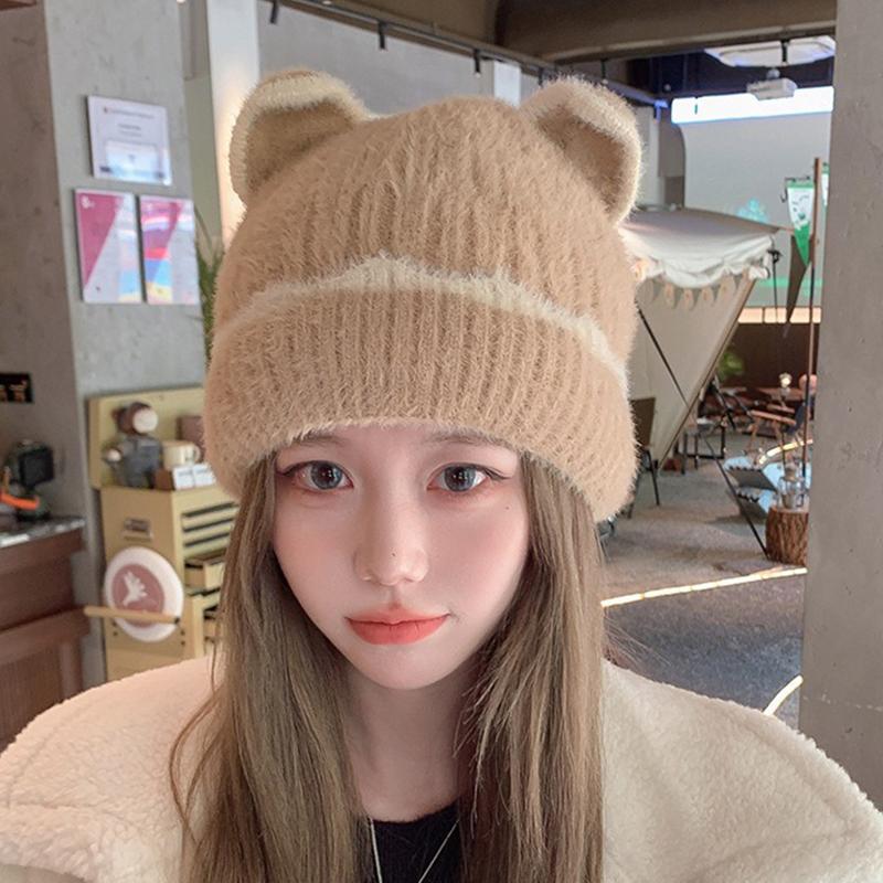 

New Autumn/Winter Women s Cute Cat Ear Hat Warm Knitted Hat Large Head Circumference Cold Protection Hat one size