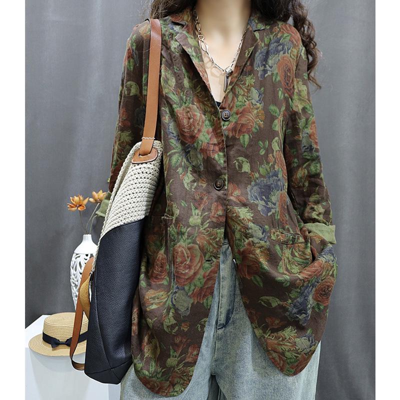 Women s 2025 Retro Style: Cotton-Linen Print Long Sleeve Casual Suit L