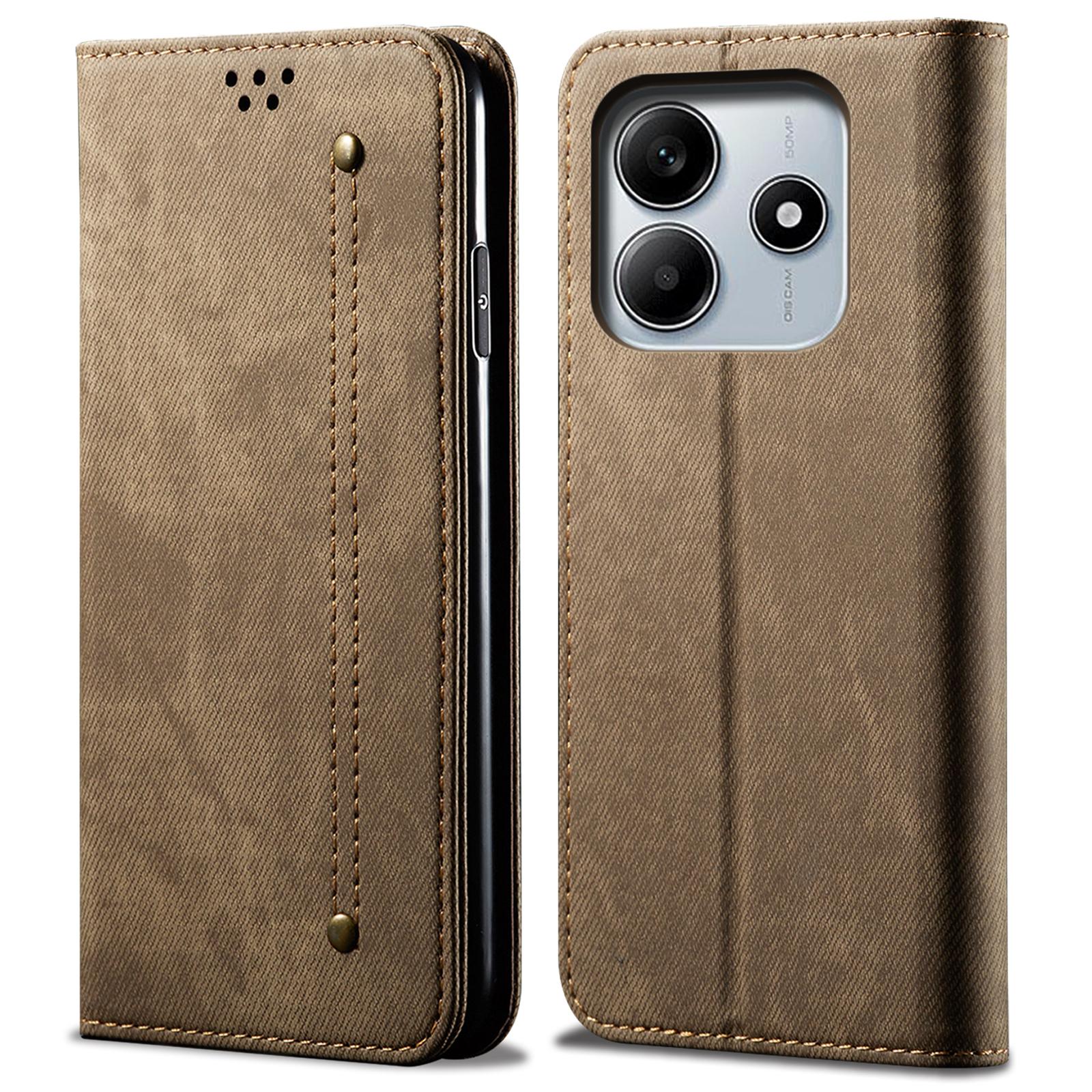 

For Xiaomi Redmi Note 14 5G Case Jeans Cloth Texture Anti-Scratch Leather Stand Phone Cover Khaki