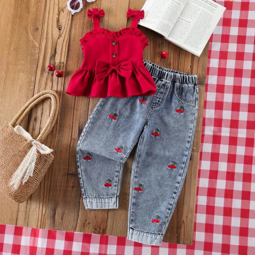 2026 Girls  Smocked Bow Spaghetti Strap Top & Cherry Denim Pants Set 2-3 Years