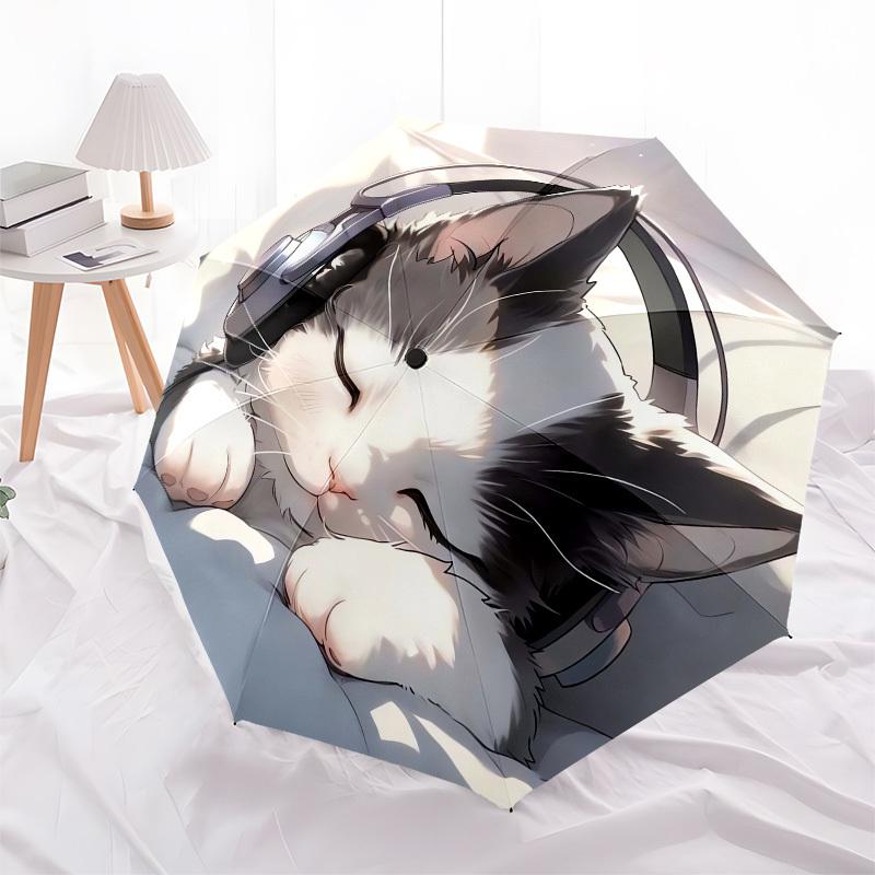 1pc Sleeping Cat with Headphones Umbrella with Plastic Handle, Suitable for All Seasons Outdoor PT397