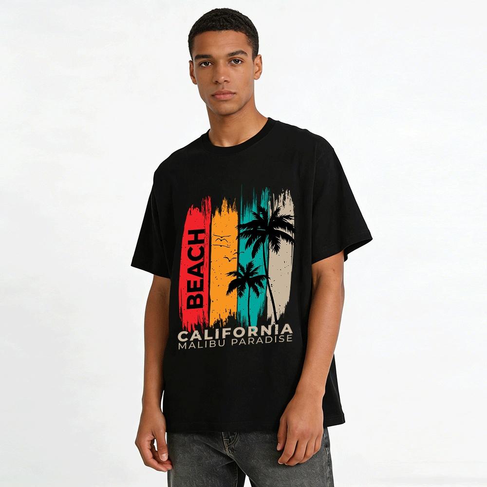 California Malibu Beach Coconut Tree Print Casual T-Shirt Pure Cotton T-shirt