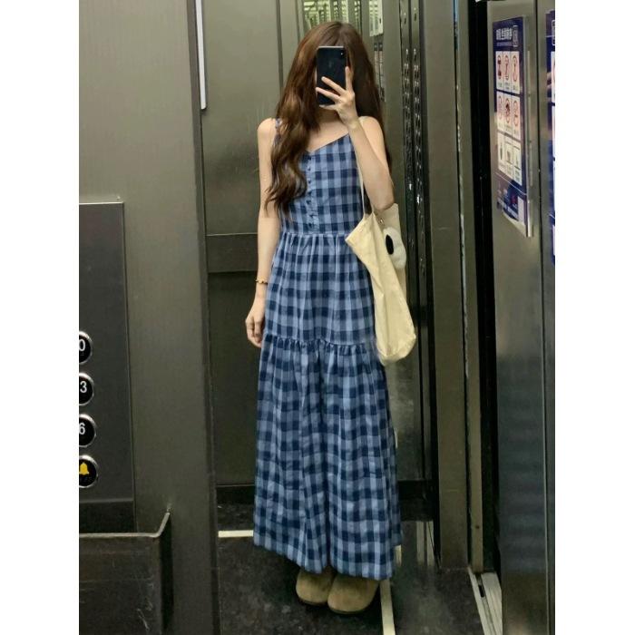 

Plaid dress women s summer new pure desire suspender plaid loose long thin temperament girl age reduction skirt XL синій