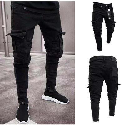 European and American Trendy Stretch Men's Jeans with Knee Holes and Zipper Ankle Design