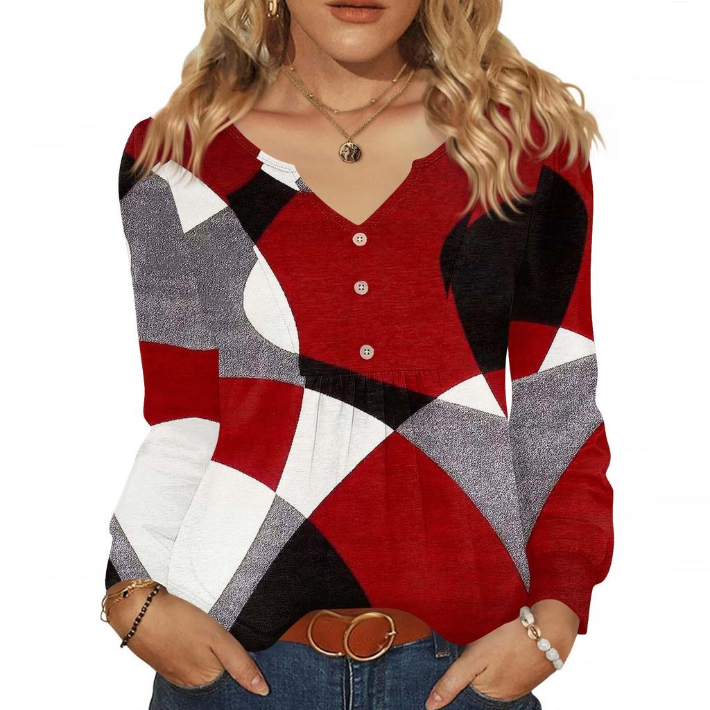 Women's Fashionable Casual V-neck Blouse Button Long-sleeved Pullover T-shirt Top