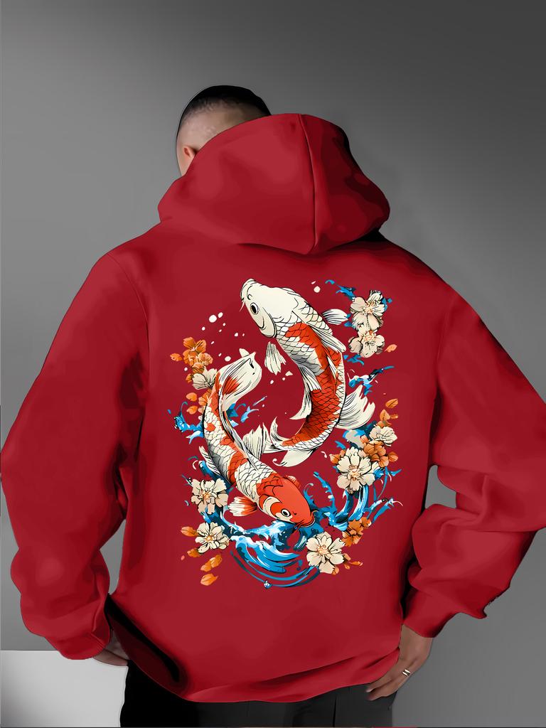 Ukiyo-e Style Auspicious Twin Koi Floral Wave Back Pattern Men Hip Hop Sports Hoodie Long Sleeve Loose Athletic Pullover