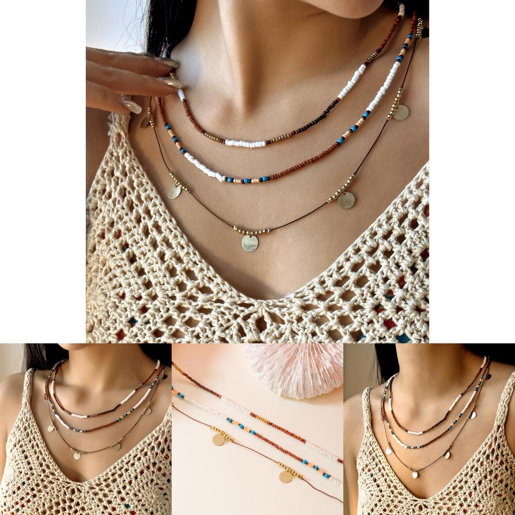 Bohemian Style Multilayer Beaded Necklace With Geometric Elements For Women