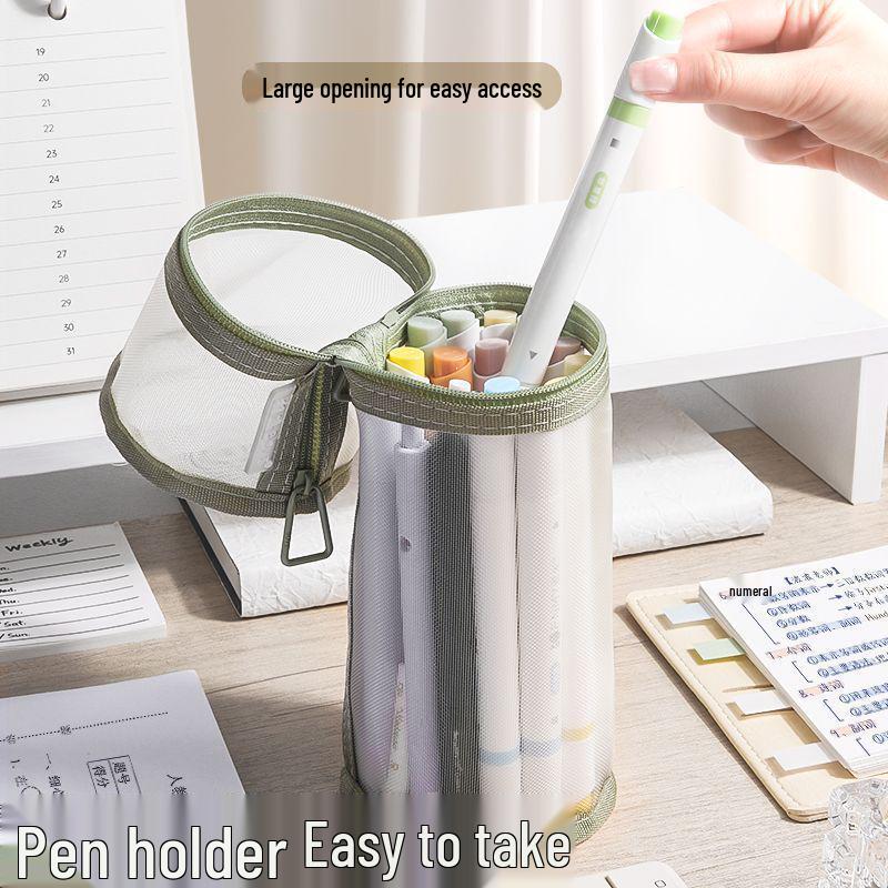 Dual-Use Transparent Mesh Pencil Case: Large Capacity, Detachable Holder for Students