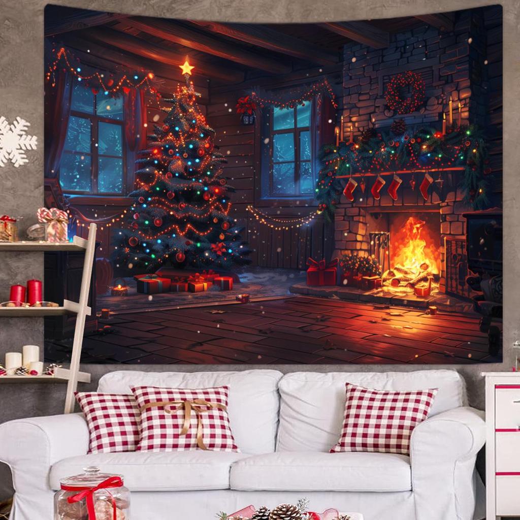 Vintage Christmas Fireplace Tapestry: Holiday Tree Photo Background Hanging Cloth
