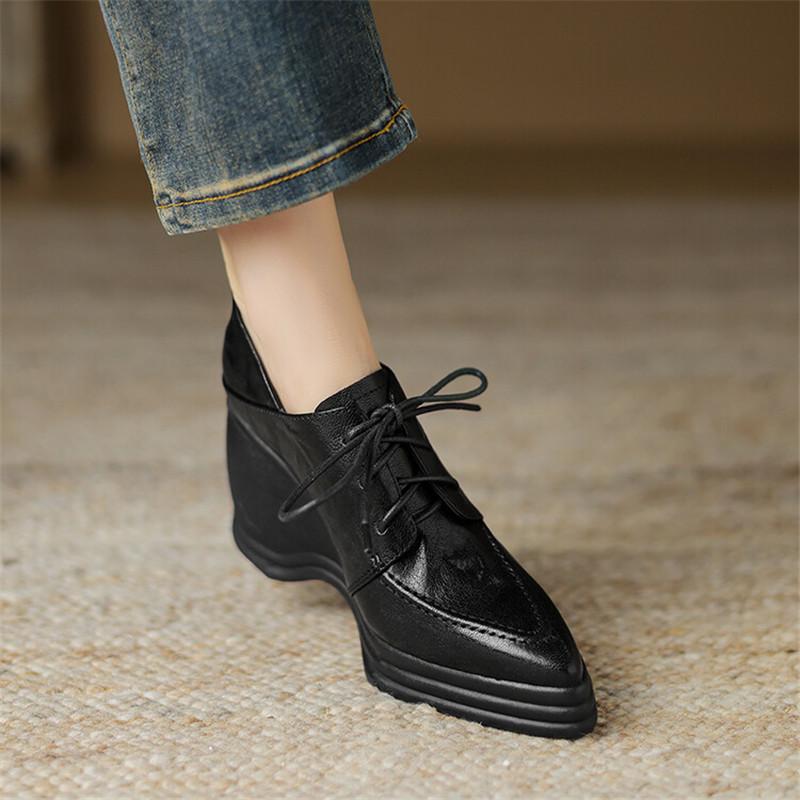 Mode Neue Frühling Schafleder Damen Schuhe Spitze Zehenpartie Damen Pumps Plateau Schuhe für Damen Schnürung Hoher Absatz Keilabsatz Slipper Damenschuhe