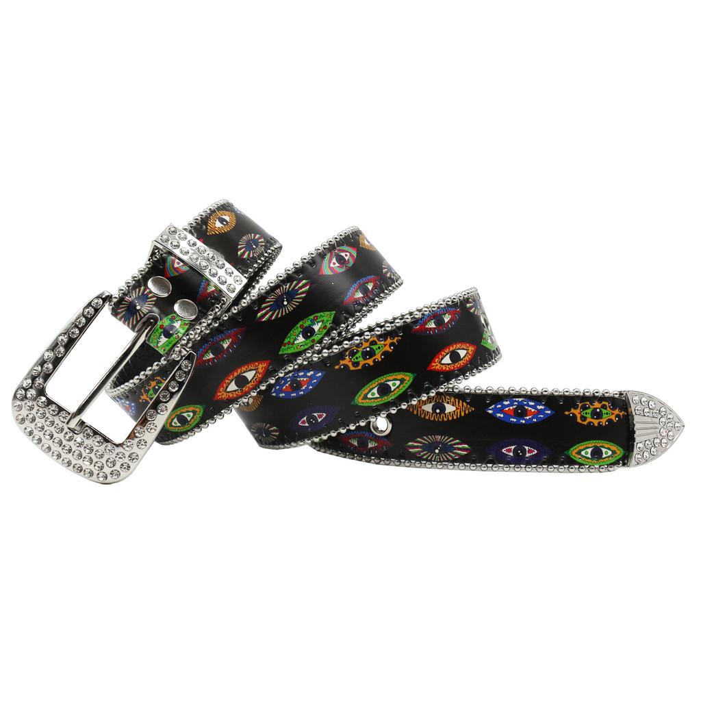 Rhinestone Belt Graffiti Art Eye Print Niche Fashion Couple Belt Punk Trend
