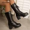 Herbst Damen Mid-Calf Stiefel Blockabsatz Runde Zehenpartie Plateau Stiefel Schwarzes Leder Seitenreißverschluss Botas Mujer Große Größe 35-43 Mode