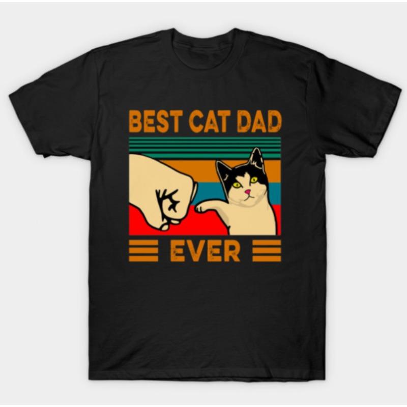 Best Cat Dad Ever Fist Bump TShirt Black Tee with Orange Text Cat Hand Graphic on Retro Stripes Gift for Cat Lovers S