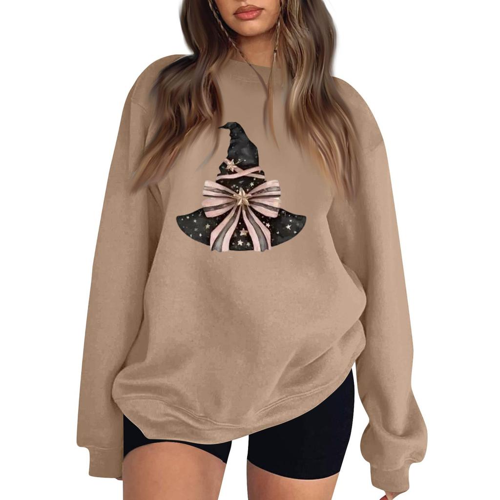 Women's Comfortable Round Neck Long Sleeve Sweatshirt Loose Fit Casual with Color and Halloween Print