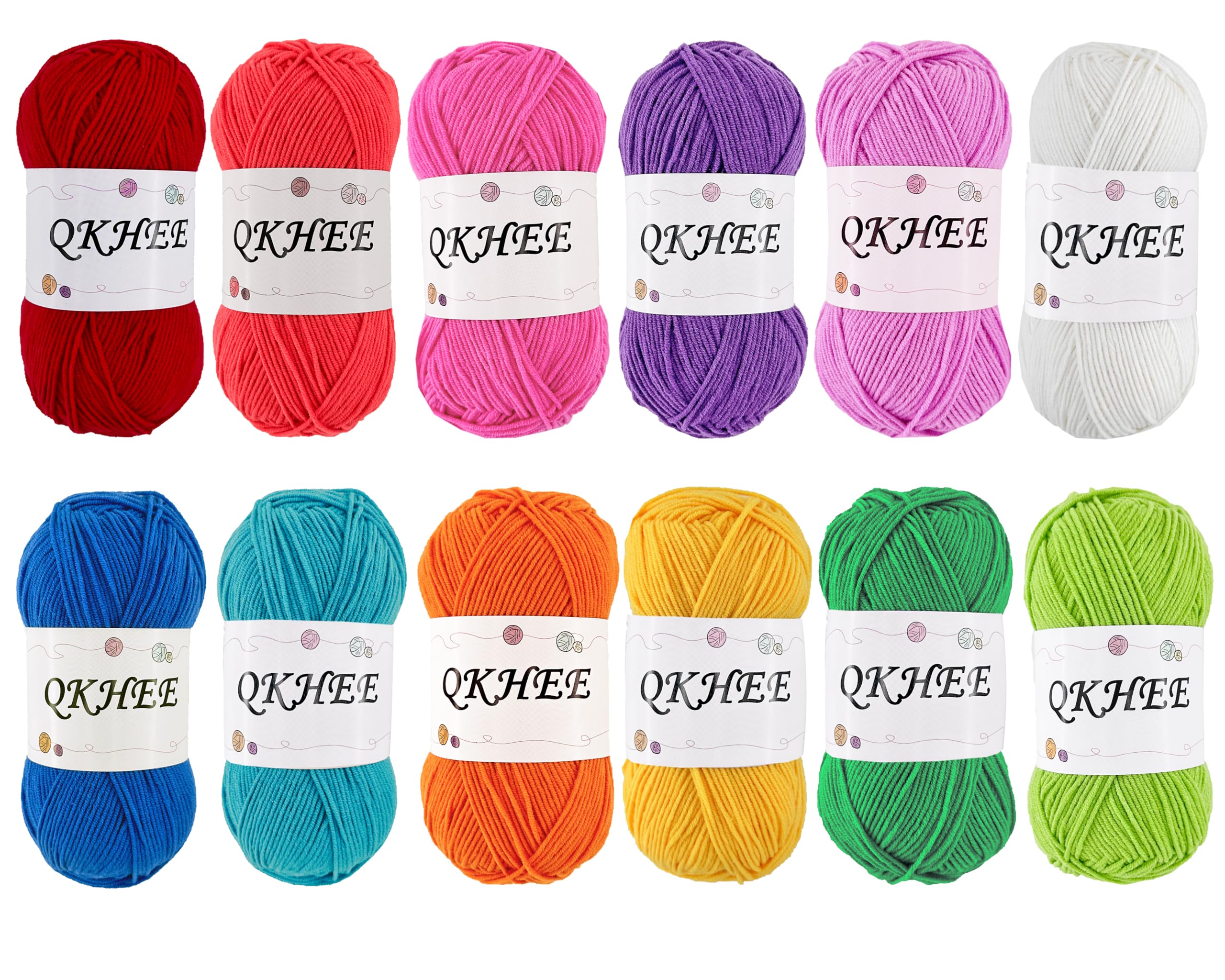 

QKHEE Cotton Medium and Approximately per for and Plush Toys Yarn, Thin, 12-Color Set, 50g/180m Ball, Crocheting, Knitting, Weaving, (Rainbow)