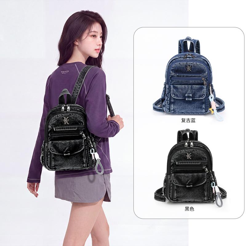 Schoolbag1011 Solid color Korean version denim versatile backpack women's multi-pocket large-capacity commuter travel simple backpack bag