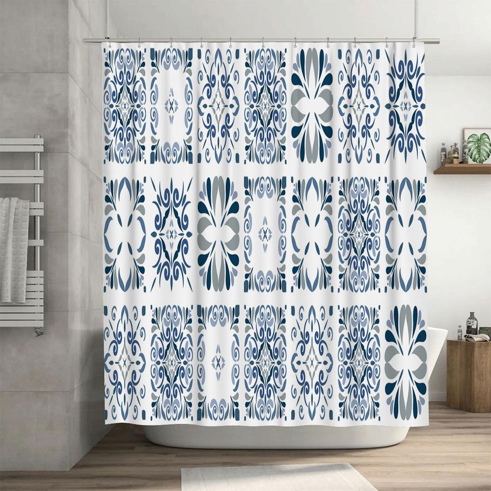 Blue White Decorative Shower Curtain Water-Resistant Fabric Modern Floral Patterns Easy Installation for Bathroom Decoration (59