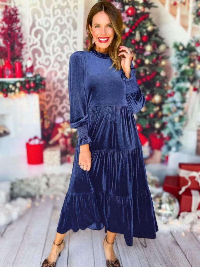Plus Size V-Neck Velvet Ruffle Dress - European/American Style, Full Skirt, Multi-Layer, Loose Fit (2025)