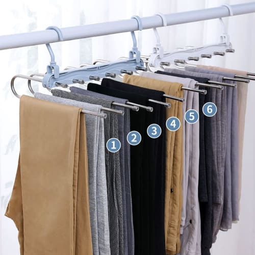 Tamatoshi 6-Row Pants Hanger, Stainless Steel, Slim, Space-Saving, Foldable, Multi-Function, Laundry, Clothes Hanger, Stylish, White, Set of 2