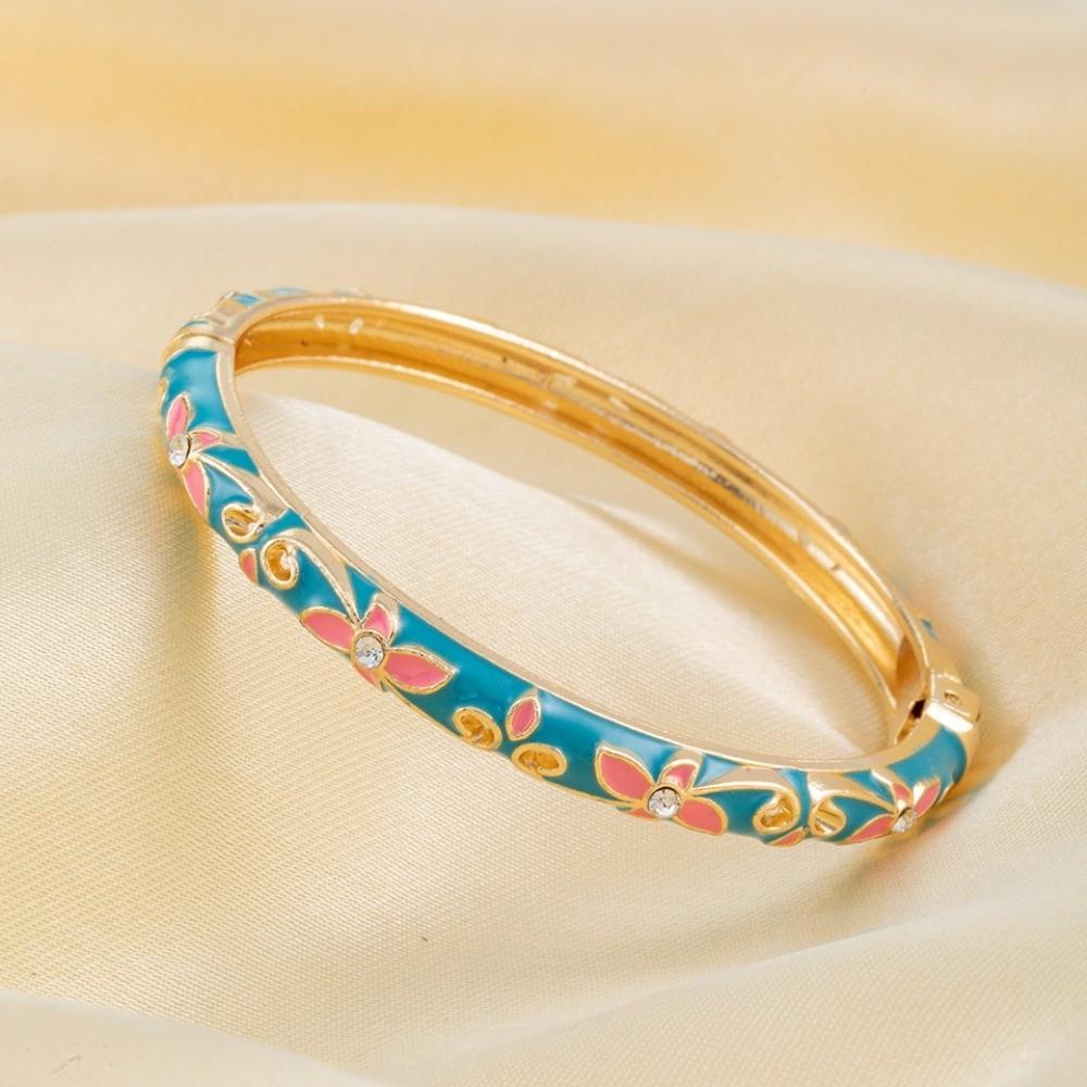 Exquisite Painting Enamel Flower Bangle Lightweight Metal Rhinestone Thin Bracelet Beach Vacation