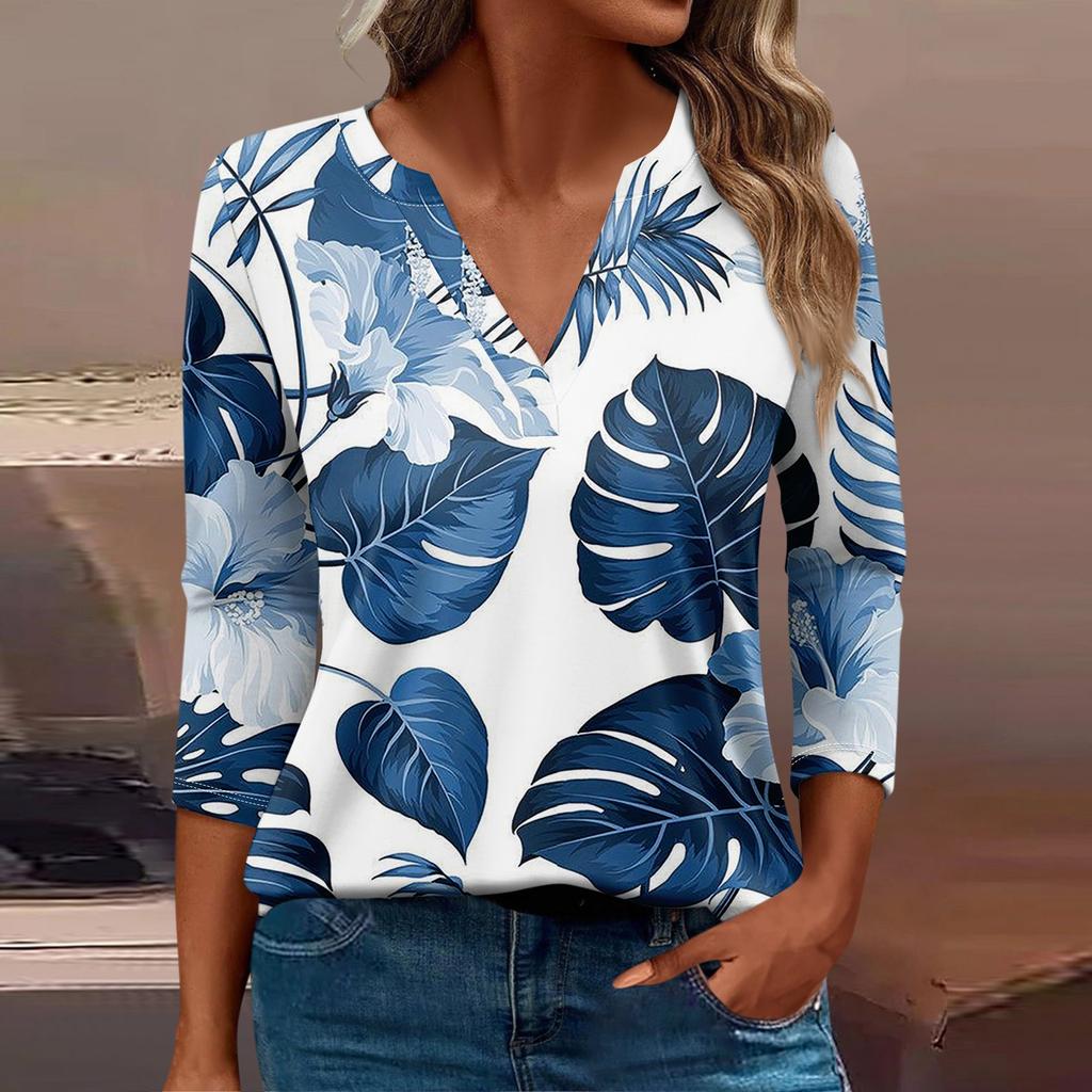 Women's T Shirt Tee Print Button 3/4 Sleeve Daily Weekend Fashion Basic V Neck Regular Top