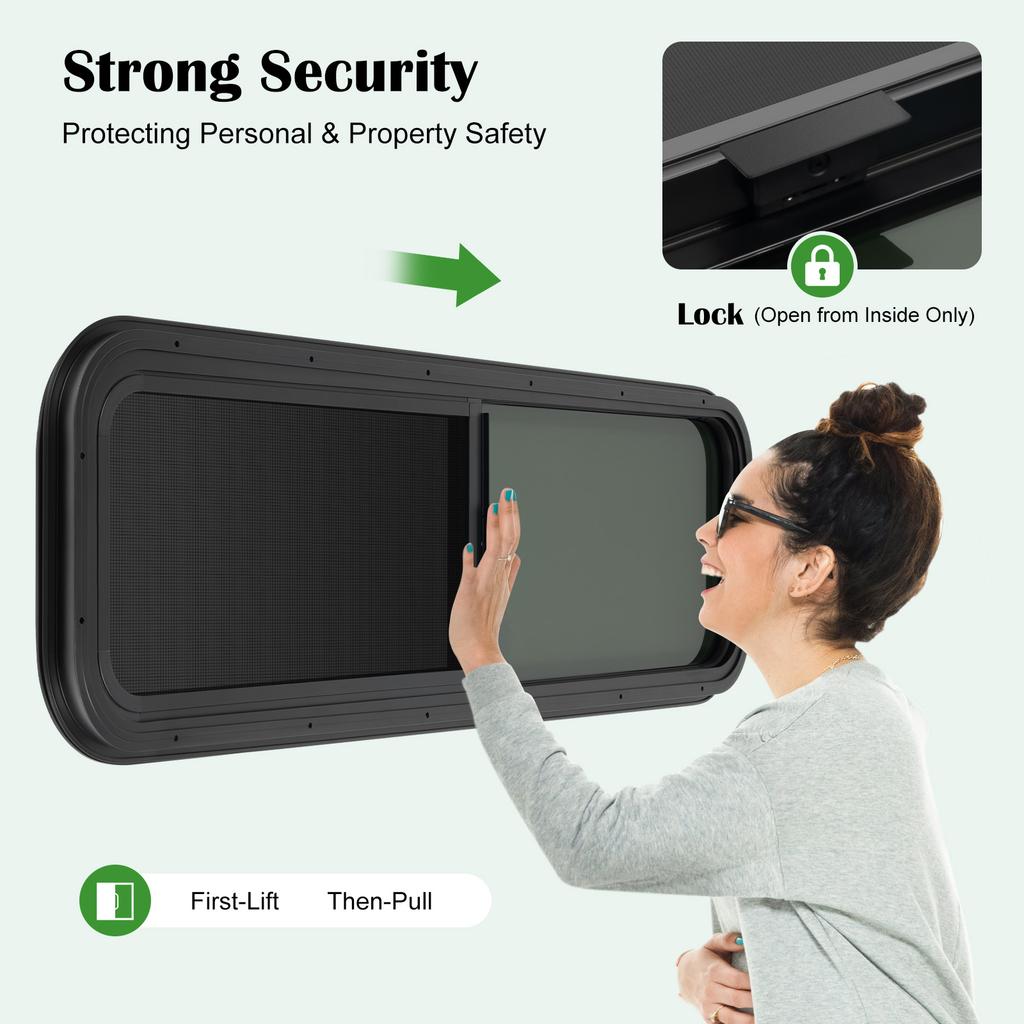 RV Sliding Window with Decorative Ring, Black 42x12x1.57in, RV Accessories, Travel Trailer Window, Camper Van Window Upgrade