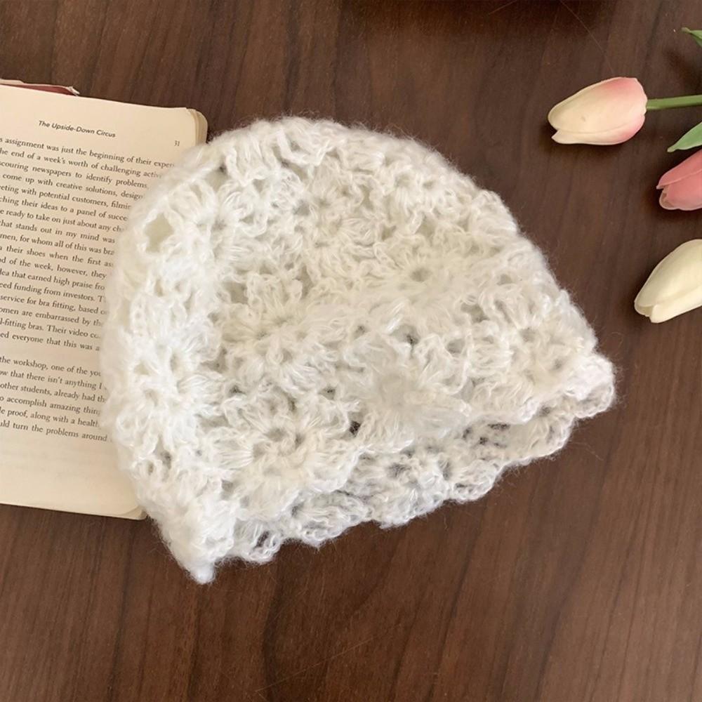 Hollow Knitted Pullover Hat Solid Color Beanies Cap Sweet Crochet Flower Hat  Girls