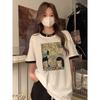 Pure cotton, summer new Korean version loose casual contrasting color cartoon printed short-sleeved t-shirt women's trend