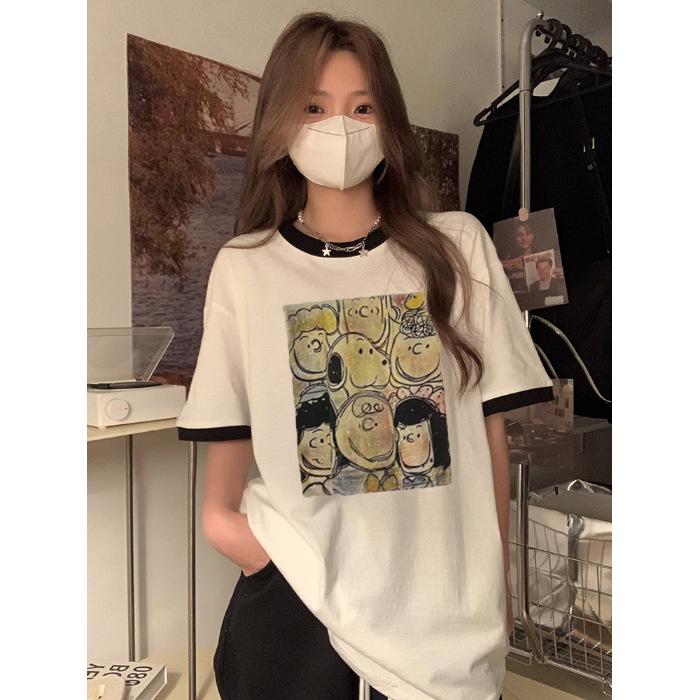 Pure cotton, summer new Korean version loose casual contrasting color cartoon printed short-sleeved t-shirt women's trend