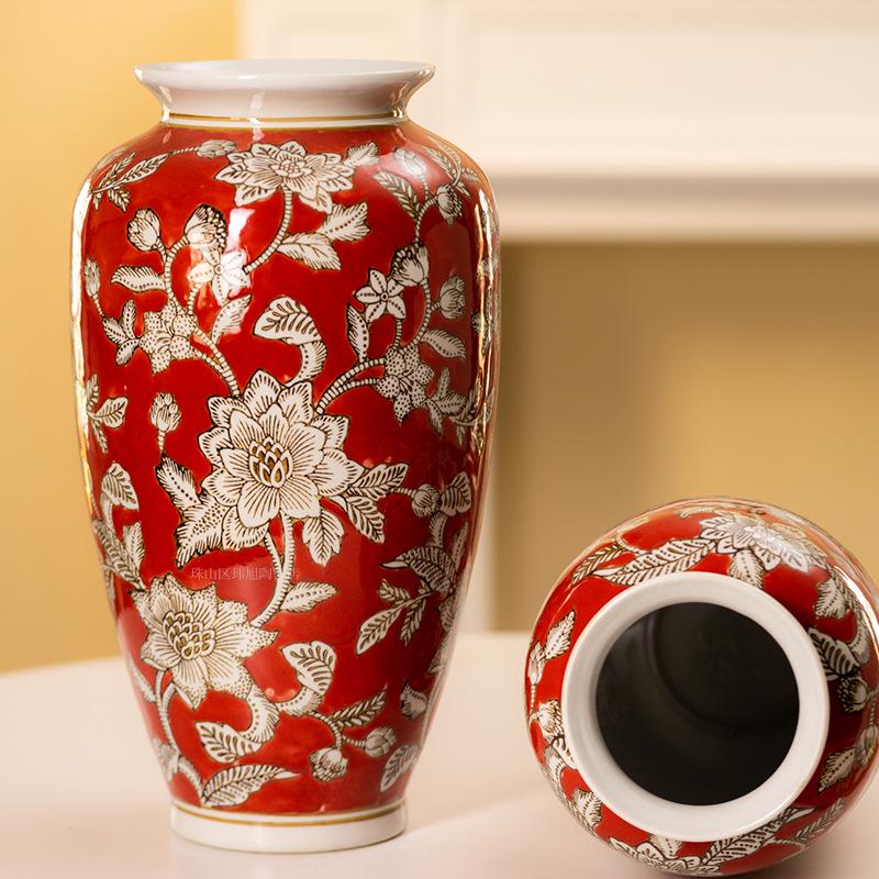 Red New Year Ceramic Vase - Chinese Desktop Ornament for Flowers
