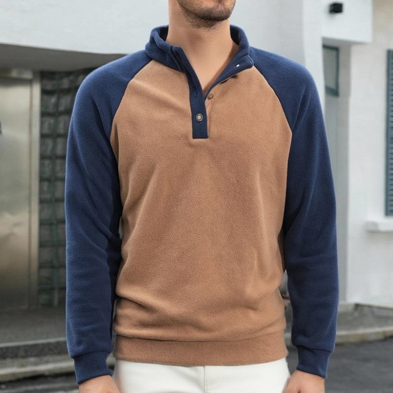 New Men's Casual Sports Pullover Four-Button Stand Collar Contrast Color Versatile Sweatshirt