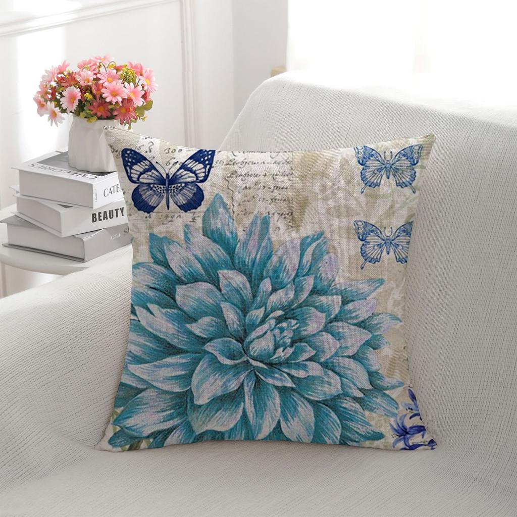 Retro Literary Butterfly Pillowcase Sofa Bay Window Blue Sunflower Cushion Cover Home Decoration Pillowcase