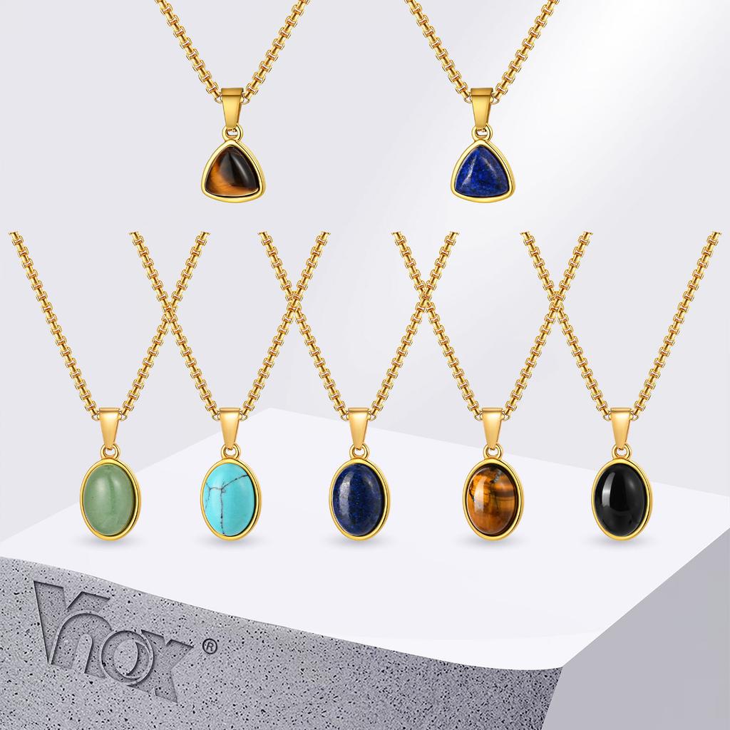 Vnox Trendy Natural Stone Geometric Pendant Necklace for Men, Stainless Steel Gold Color Box Chain Collar, Fashion Charm Jewelry