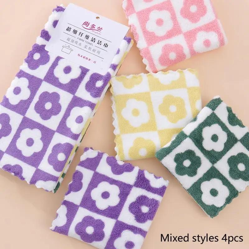 4pcs Kitchen Cleaning Cloths Soft Absorbent Dishcloth Coral Fleece Sunflower Wiping Towel Rags Household Cleaning Cloth 30X30CM