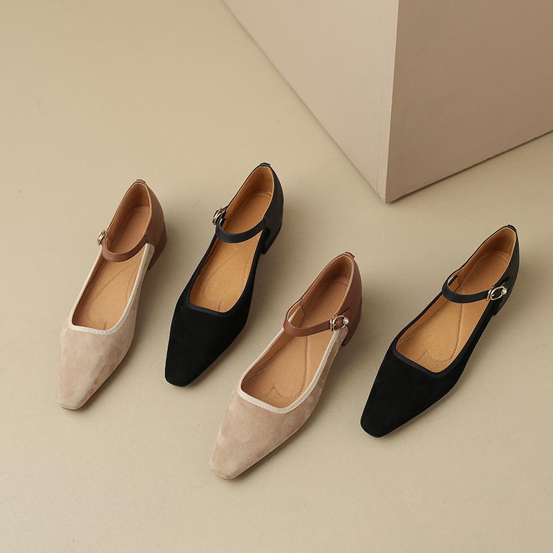 New Spring Women Shoes Genuine Leather Shoes For Women Square Toe Chunky Heel Shoes Solid Shoes Shallow Flats Mary Janes