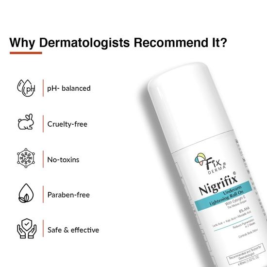 Fixderma Nigrifix Achsel-Roll-on mit 6 % AHA, Milchsäure & 1 % Mandelsäure & Kojisäure | Hellt die Haut auf und peelt die Achseln – 60 ml