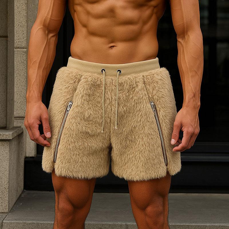 INCERUN Men Drawstring Elastic Waist Zip-up Hem Furry Mini Shorts Pants