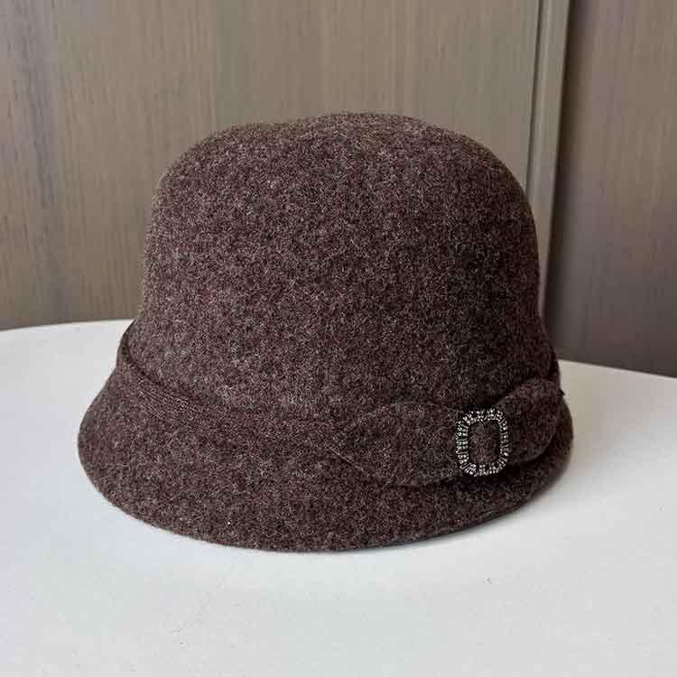 Small Brim Celebrity Temperament Retro Wool Top Hat Diamond Buckle British Fashion Autumn And Winter Thermal Basin Hat Women'S New Knitted Hat