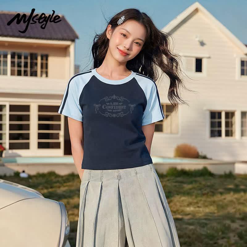 MJ STYLE Women s Slim-Fit Contrast Round Neck Short Sleeve T-Shirt S