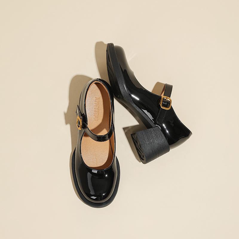 

2025 new Korean version one-word with high heels and light mouth single shoes French temperament Mary Jane shoes women s spring comfort and versatil 40 чёрный
