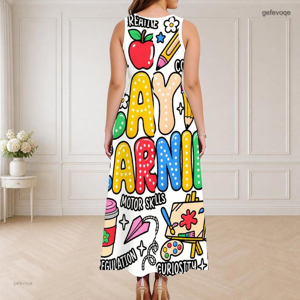Women Plus Size Sleeveless Round Neck Triple Keyhole Cutout Black Gold Beige Printed Long Dress