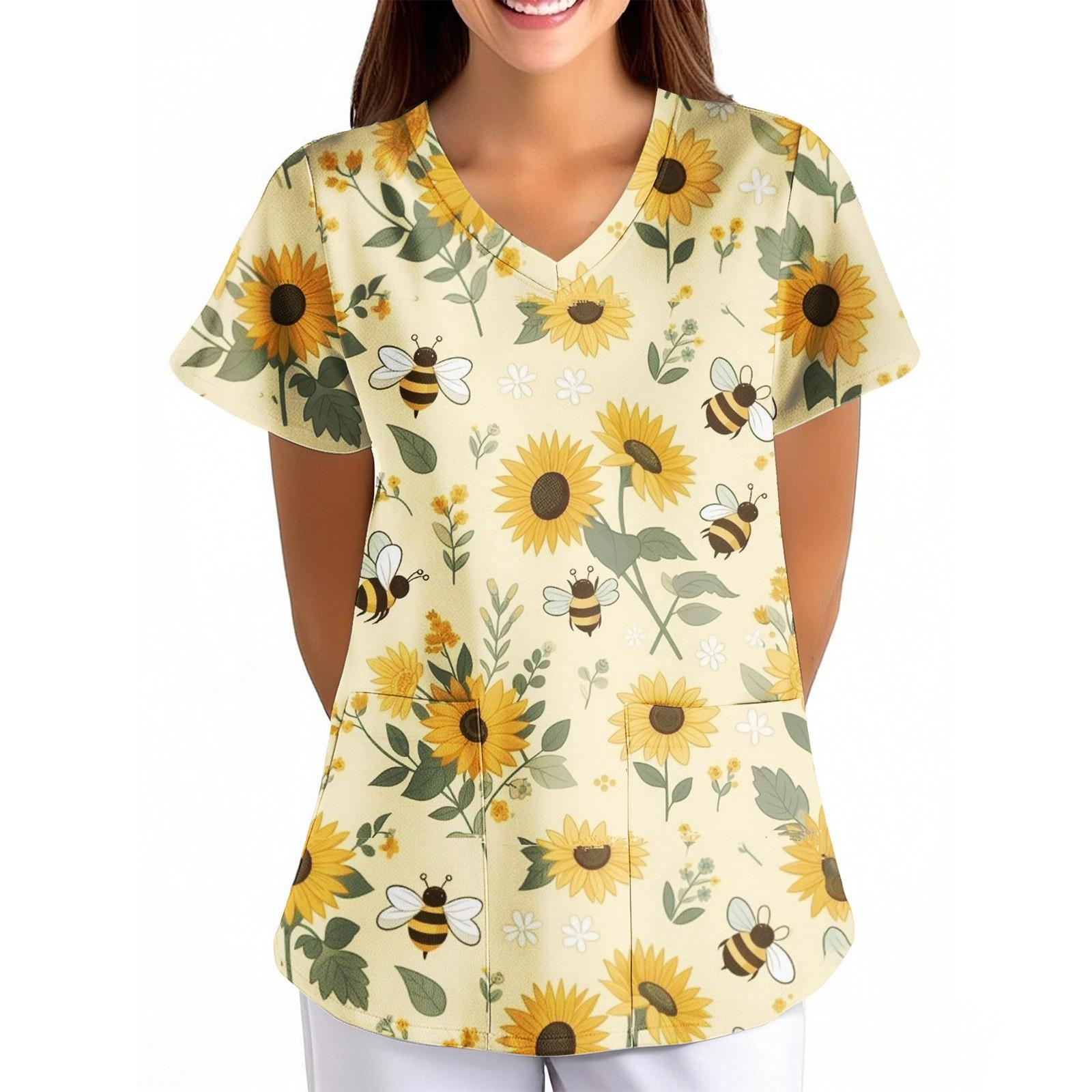 

Женская униформа с цветочным принтом пчелы, свободная, с V-образным вырезом, карманом и коротким рукавом XXXL