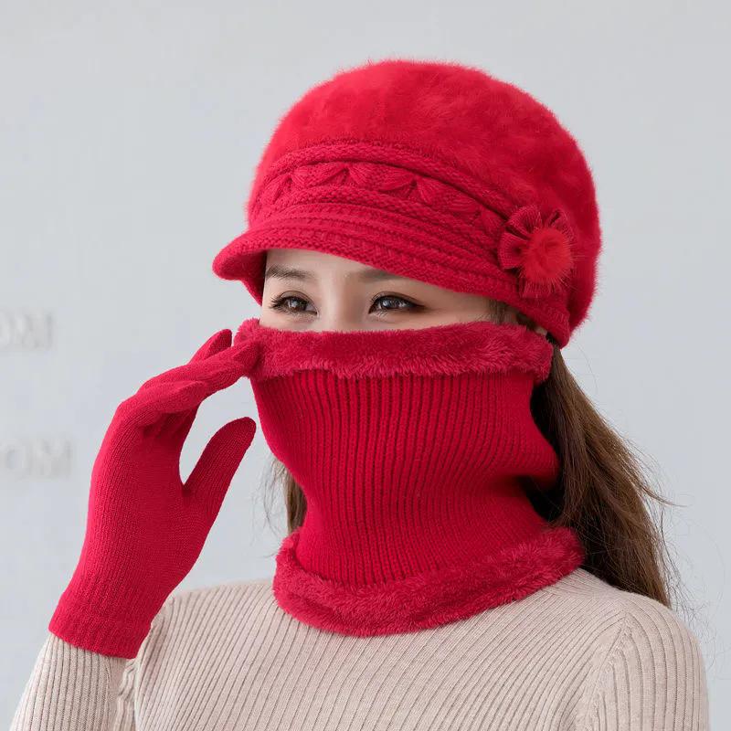 WTEMPO Damen Winter Warme Strickmützen Mit Pelzfutter Mütze Und Schal Set Einfarbig Lässig Fuax Pelz Winter Wollmützen